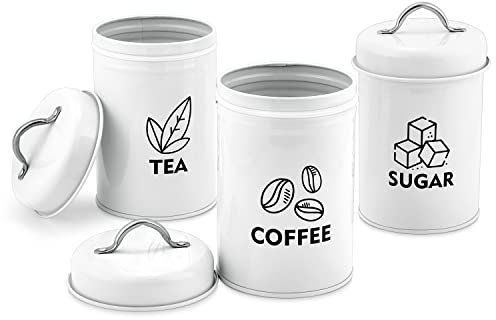 Herogo Tea Coffee Sugar Canisters Set of 3, White Storage Canisters Jars With Lids, Vintage Retro Style Kitchen Containers Set for Dry Food, Flour, Seeds, Nuts, Healthy & Easy Clean
