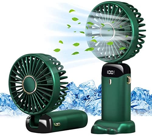 Jsdoin Hand Held Fan,Portable Handheld USB Rechargeable Fans with 5 Speeds,Battery Operated Mini Fan Foldable Desk Desktop Fans with LED Display for Home Office Bedroom Outdoor Travel (Green)
