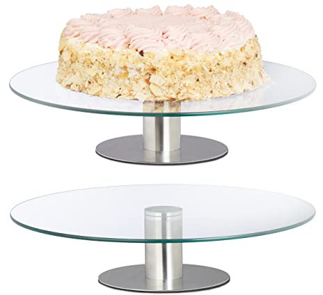 Relaxdays 2 Platos Giratorio de Cristal para Tartas, Soporte Pasteles, Cupcakes, Expositor Pie Acero, 30cm, Transparente