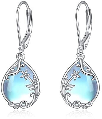 POPLYKE Mondstein Geburt Blume Filigran Teardrop Tropfen Ohrringe Sterling Silber Geburt Monat Blume Leverback Ohrringe Schmuck