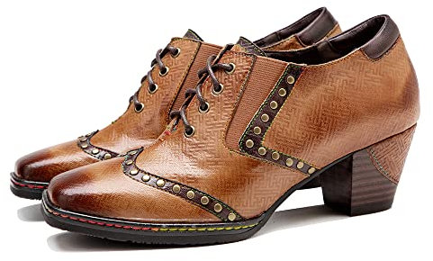 CrazycatZ Damen Leder Oxford Schuhe Perforierte Schnürspitze Bunte Vintage Blockabsätze Schuhe (Brown, Numeric_42)