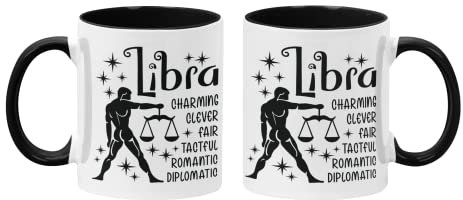 Super Lemon Tazza con segni zodiacali della Bilancia, bicolore nero all'interno e manico, tazza in ceramica da 325 ml con segni zodiacali astrologici