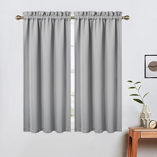 LinTimes Halbe Verdunkelungsvorhänge,Geräuschreduzierung Moderne Half Cafe Küchenvorhänge Kurzer Vorhang Jalousien für kleine Fenster 66cmx114cm(26x45 inch),2 er Set Hellgrau