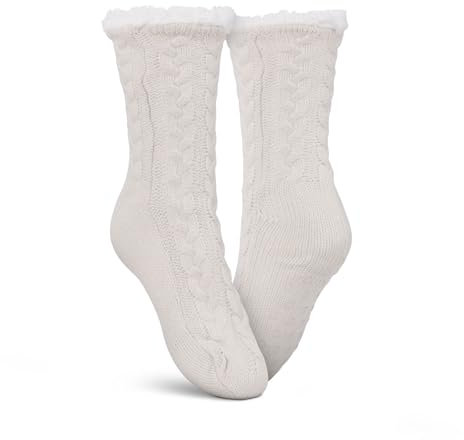 hemmy Haussocken - Stoppersocken mit Teddyfutter - Hüttensocken mit Anti-Rutsch-Sohle - ABS Norweger Socken Zopfmuster - Kuschelsocken Einheitsgröße (Weiß (Zopfmuster))