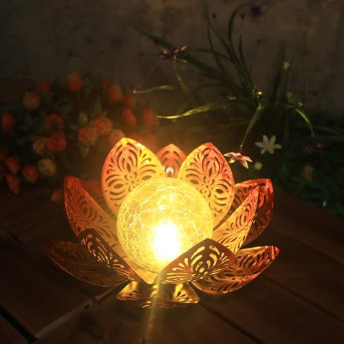 Starnearby Lampe Solaire Fleur de Lotus Exterieur Jardin, Fleur de Lotus Solaire en Verre de Globe Craquelé, Fleur de Lotus Lumineuse pour Cour, Pelouse, Decoration Jardin