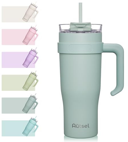 Autsel Tazza Termica da Viaggio in Acciaio Inox 1200ml Bicchiere Termico con Cannuccia e Manico 40oz Tazza da Caffè a Doppia Parete per Auto Ufficio Campeggio