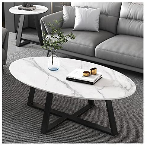 Moderne Sofatische Ovaler Couchtisch im schlichten Design for kleine Räume im Wohnzimmer, Beistelltisch mit Rockboard-Tischplatte und Metallrahmen, 39 Zoll Wohnzimmer Beistelltisch ( Color : White+Bla