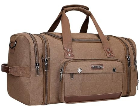 WITZMAN Canvas Reisetasche Herren Groß Weekender Travel Bag 48L Erweiterbare Handgepäck Flugzeug Sporttasche(A8007 Braun)