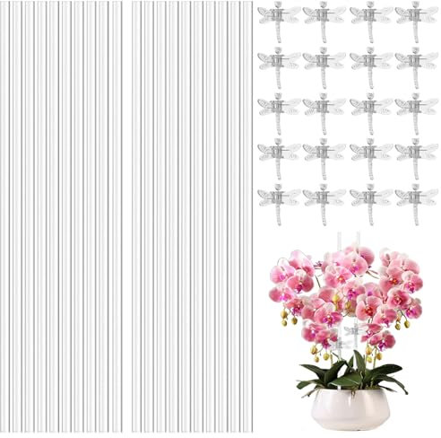 Wedhapy Orchideenstäbe Und Klammern Pflanzenstäbe 20 Sets 39,9 cm (15,8 Zoll) Acryl Orchideenstäbe Mit Durchsichtigen Libellen Orchideenklammern Flexible Pflanzenstäbe Zur Unterstützung Von Pflanzen