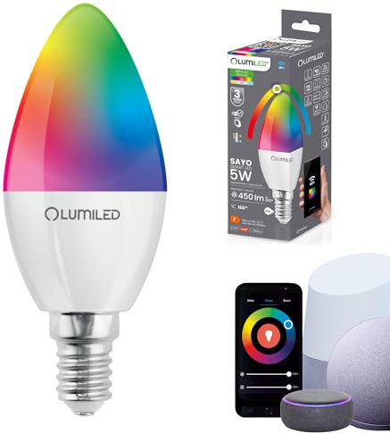 Lumiled Smart SAYO B35 LED Lampe E14 5W (40W) 450lm WLAN Dimmbar Mehrfarbig RGBW Wifi Glühbirne Timer Smart home 16 Mio. Farben App Steuerung kompatibel mit Amazon Alexa Google Assistant Tuya