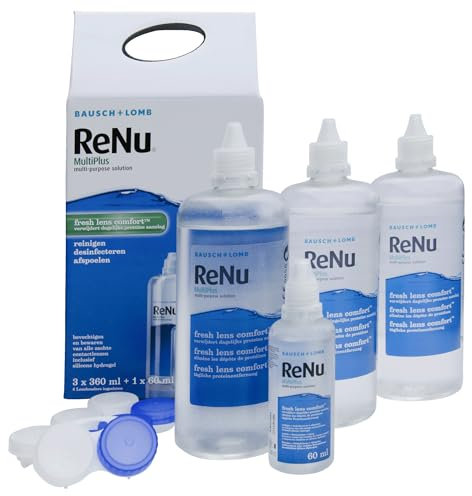ReNu MultiPlus Multi-Doel Lenzenvloeistof, 3x 360 ml & 1x 60 ml, voor Zachte Contactlenzen, Bevochtigt, Verwijdert Eiwit, Reinigt, Ontsmet, Smeert, Spoelt en Bewaart Uw Lenzen, Lensdoosje Inbegrepen