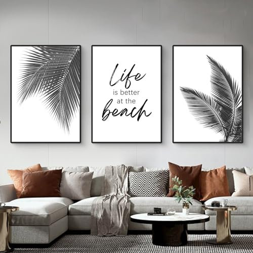 Poster 3er Set, Schwarz Weiß Bilder Pflanzen, Moderne Palmwedel Blätter Leinwandbilder, Moderne Wandbilder für Wohnzimmer Schlafzimmer Deko,Ohne Rahmen (30x40cm)