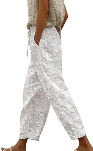 Leinenhose Damen Sommer Spitze High Waist Baggy 7/8 Lose Leinen Baumwolle Hose für Frauen Lang Sommerhose Damen Leicht Einfarbig Luftige Stoffhose Freizeithose Pumphose Yogahose Jogginghose Sporthose