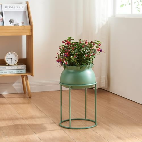 [en.casa] Soporte para Plantas Flores con 1 Macetero Extraíble Diseño Redondo Moderno Organizador de Macetas para Hogar y Oficina Portamacetas Metal 38xØ24 cm - Verde