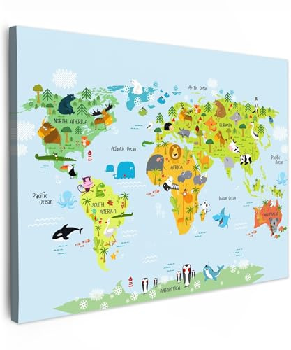 MuchoWow© Impression sur Toile Decoration Murale Peinture 80x60 cm Tableaux Art Décoratif Muraux Décoration Chambre Carte du monde - Chambre enfant - Animaux