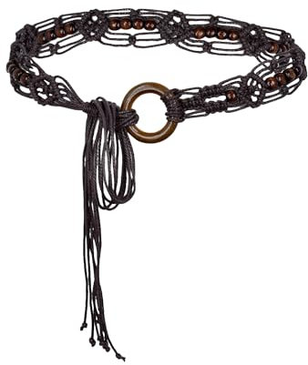 TeeYee Flechtgürtel Damen Boho Style Kleid Taillengürtel Quaste Gürtel Seil Geflecht Holzperlen Bund Bindegürtel Schmaler Gürtel Kaffee