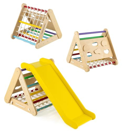 FANTASK 4 in 1 Sprossendreieck mit Rutsche, Klettergerüst aus Holz, Kletterdreieck zum Rutschen und Klettern, für Kinder ab 1 Jahre (Grau)
