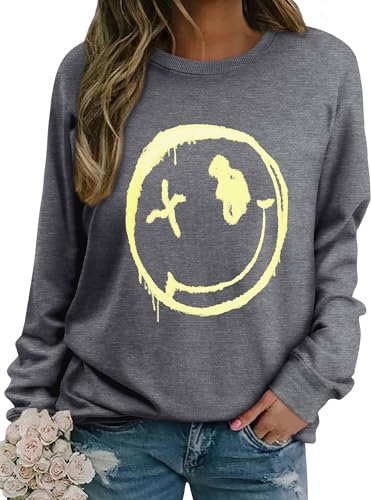 WIEIYM Women Sweatshirt Smile Face Crewneck Pullover Long Sleeve T Shirt Graphic Print Basic Tops Causal Jumpers S-XXL Grey