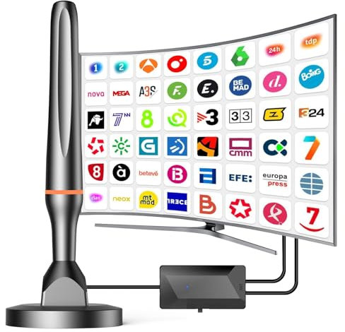 Antena TV Interior,Antena de TV,Poderoso Antena HDTV Digital con Interiores Amplificador,Base Magnética y Cable Coaxial,Soporta 1080P/4K TDT DVB-T/T2