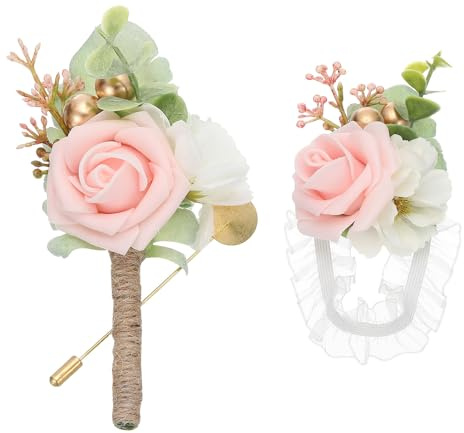 PATIKIL Rose Flower Handgelenk-Korsage Boutonniere-Set Hellrosa | Künstliche Rose Brautjungfer Handgelenk-Korsage Boutonniere Braut-Korsage, Mit Anstecknadel, Für Hochzeitsfeier Zeremonie