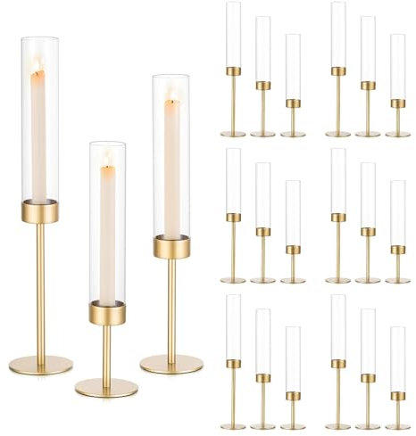 Sziqiqi Gold Kerzenständer Stabkerzen für Hochzeit: 18er Kerzenhalter Hoch mit Windlicht Glas für Goldene Hochzeit Deko - Metall Stabkerzenhalter Minimalistische für Esstisch Drausse Geburtstag Party
