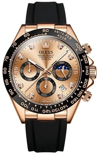 OLEVS Herren Uhren Chronograph Multifunktions Sport Silikon Luxus Diamant Mondphase Quarz Männliche Uhr Wasserdicht Armbanduhr, 2875: schwarzes Armband und roségoldenes Zifferblatt, Armband