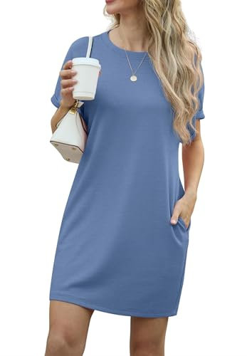 GRECERELLE Womens Summer Mini Dress Cap Sleeve Crew Neck T Shirt Short Casual Beach A Line Dresses with Pockets (Denim Blue, L)