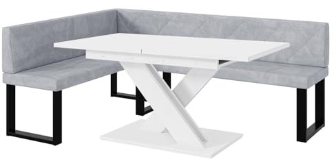 MEBLINI Eckbank für Esszimmer mit ausziehbarem Tisch - Küchenbank - Essecke - Sitzecke Küche - ERIC - U-Beine 142x196x87cm Links - Hellgrau Samt/B Weiß Matt