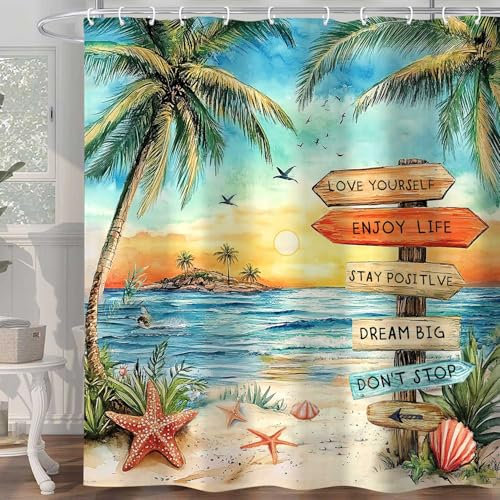 Strand-Duschvorhang für Badezimmer, tropische Palme, Küste, nautische Ozean-Zitate, inspirierend, Sonnenuntergang-Landschaft, Duschvorhang-Set mit Haken, 183 x 183 cm (B x H)