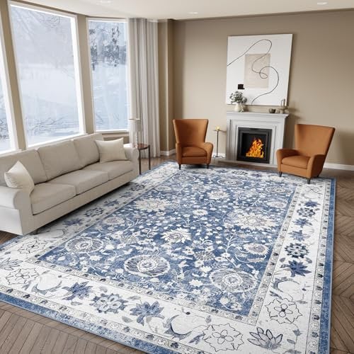 IKALIFE Teppich Wohnzimmer Vintage Waschbar - Kurzflor Waschbarer Teppich rutschfest Super Weich Blumen Design Groß Wohnzimmerteppich für Esszimmer Schlafzimmer 200x300 cm Blau