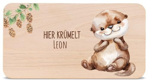 GRAVURZEILE - Bedrucktes Frühstücksbrettchen aus Holz - Hier Krümelt Otter - Personalisiert mit Namen - Geschenk für Kinder - Lebensmittelechter, umweltfreundlich Druck (GreenGuard Gold)