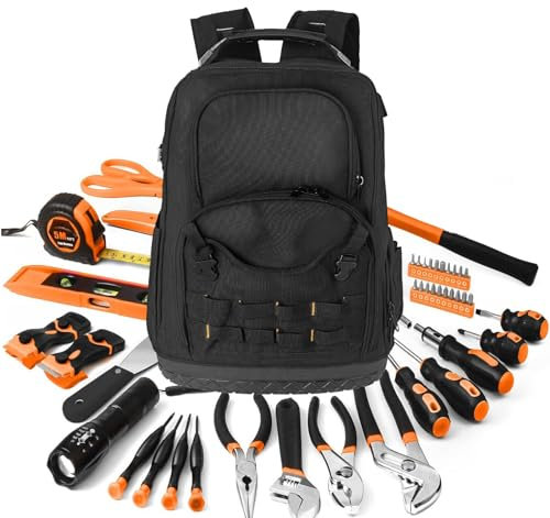 Truevaste Werkzeugrucksack Groß, Multifunktions Werkzeug Rucksack Herren mit USB-Anschluss, Tool Bag 600D Oxford Stoff mit Mehrfach Innenfächer, Wasserdichter Boden, Werkzeugtasche für Elektriker, Bau