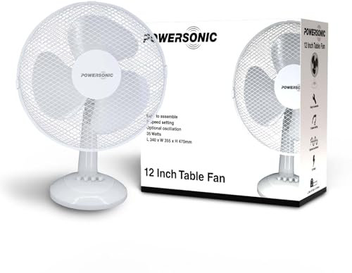 Powersonic 12 Inch Air Cooling Fan Oscillating Tabletop Office Desk Home 3 Speed Table Fan