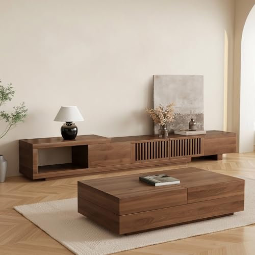 Extendable TV Stand Walnut 200-260cm, Vintage Style Media Unit with 2 Drawers & 2 Cabinets, Large TV Cabinet for 65-100+ Inch TVs, for Living Room, Bedroom & Flat（without coffee table）