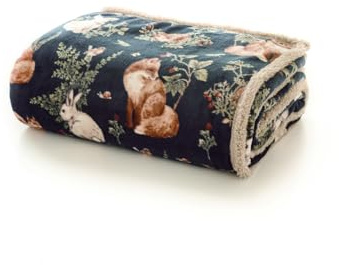 Deyongs Woodland Wildlife Sherpa Fleece Throw 140x180cm – Navy – Reversible 220gsm Printed Flannel with 200gsm Sherpa – Super Soft, Warm Sofa Bed Blanket – Designed in Great Britain