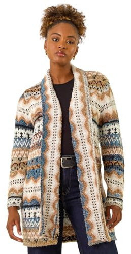 Roman Originals Women Cardigan - Ladies Longline Coatigan Tassel Open Front Cardi Winter Autumn Casual Textured Edge to Edge Yarn Patterned Comfy Work Going Out - Beige - Size 20