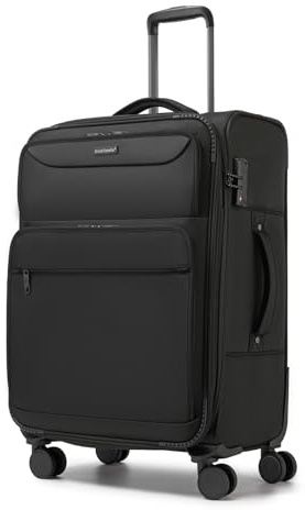 British Traveller Erweiterbarer Mittelgroß Koffer für Business Reisen, 68L Stoff Reisekoffer mit Volumenerweiterung,4 Rollen Koffer Trolley mit TSA Schloss,68.5x44x28.5 cm (Schwarz)
