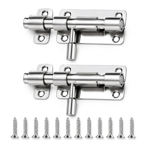 URMONA Türriegel 4 Zoll, 2 Stück aus Edelstahl, 12 Schrauben, in Silber | Stabiler Schieberiegel und Bolzenriegel als Schiebeschloss für Fenster, Schrank, Gartentor, Tor und Gartenhaus geeignet