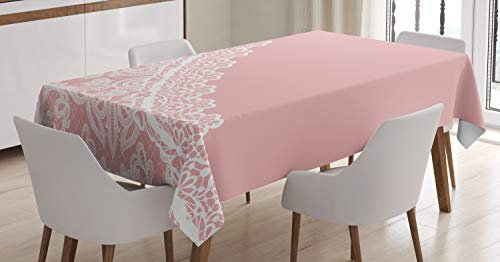 ABAKUHAUS Pink und Weiß Tischdecke, Spitze Art Border, Druck mit Klaren Farben ohne Verblassen Waschbar für innen oder Außen Bereich, 140 x 200 cm, Hellrosa Weiß
