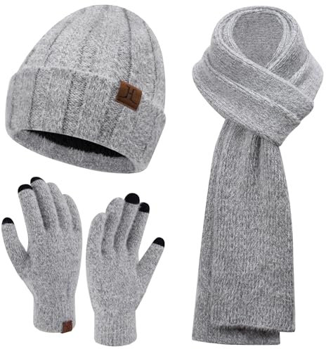 Damen Winter Warm Beanie Mütze Touchscreen Handschuhe und Lang Schal Set mit Fleece Gefütterte, Thermo Wintermütze Strickmütze Schals Winterhandschuhe Strickhandschuhe Frauen Geschenk, Grau