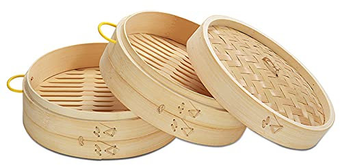 Cuiseur Vapeur En Bambou De Cuisine Avec Poignée Et Couvercle, Paniers À Vapeur De Cuisine Chinoise Pour Brioches Dumplings Légumes Poisson Riz