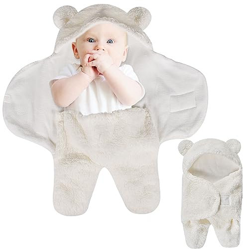 Winter Babyschlafsack Weiß Mit Kapuze, Einschlagdecke, Wickeldecke, Unisex Neugeborene Kleidung, Verstellbare Schlafsack Decke für Neugeborene 0-1 Jahre