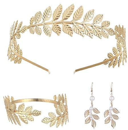 ZKSXOA 3 STÜCKE Griechische Göttin Blatt Stirnband Für Die Braut, Perlengold-Blatt-Ohrringe,Blatt-Armbänder,Krone Braut Kopfschmuck Hochzeit Haarband,Für Frauen Tiara Kostüm Haarschmuck