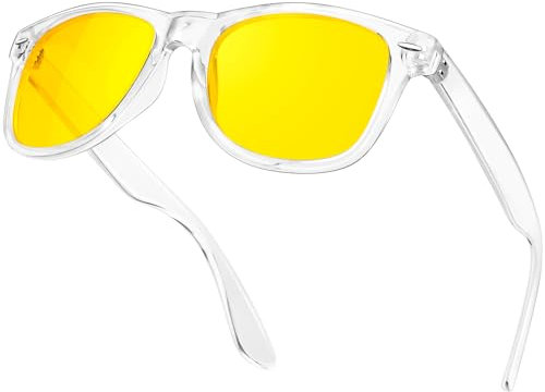 KANASTAL Clear Night Driving Glasses Mens Yellow Tinted Glasses Anti Glare Night Driving Vision Glasses Womens Square Polarised Sunglasses - Transparent Frame Yellow Lens