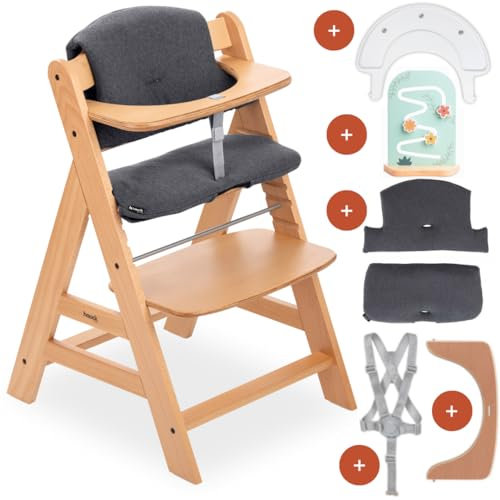hauck Kinder Hochstuhl Alpha+ inkl. Play Tray Basis, Spielaufsatz Planting Flowers & Sitzpolster - Mitwachsender Babystuhl aus Holz, Kinderhochstuhl ab 6 Monate, verstellbar - Natur