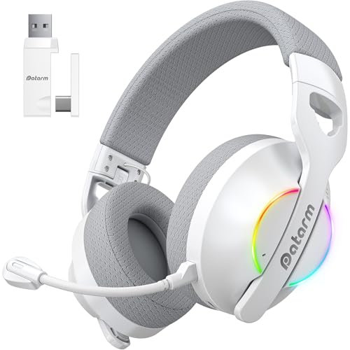 Datarm DH30 Wireless Gaming Headset für Ps4, Ps5, Switch, Mac, PC, 2.4GHz Verlustfreies Audio Bluetooth Gaming Kopfhörer, Faltbares Headset Mit Noise Cancelling Mikrofon, RGB Licht - Weiß