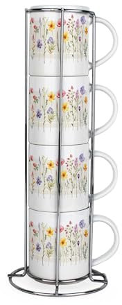 Purely Home Wildflowers Stacking Mugs Set - Pretty Cream Floral Ceramic Tea/Coffee Cups - Drinkware Mug Gift Set with Metal Stand/Holder Set of 4
