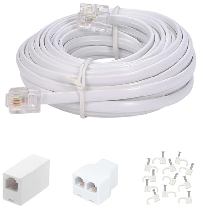 Long Telephone Extension Cord 20 FT, White, Phone Cable Wire with Standard RJ11 Plug, 1 Phone Line Splitter, 1 in-line Coupler and 15 Cable Clips for Telephone Calling Communication