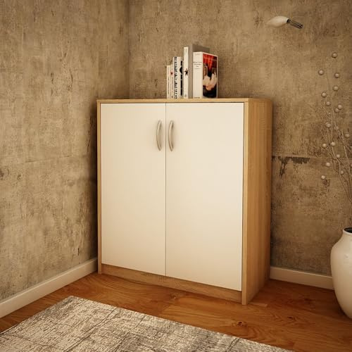 Home Collective Kommode 74cm breit mit 2 Türen & 1 Regal in Matter Ausführung Schrank mit hochwertigen Polymergriffen für Schlafzimmer Wohnzimmer Flur Hergestellt aus laminiertem Holz Sonoma weiß