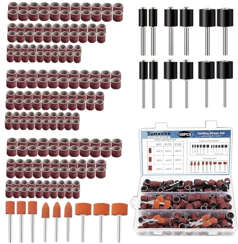 Sunxeke Sanding Drum Set for Most Rotary Tools-Includes 138 Aluminum Oxide Drum Sander Sanding Sleeves (80,120,240 Grit),12 Drum Mandrels and 9 Sanding Bits,Sanding Bits Tool Accessories with Box
